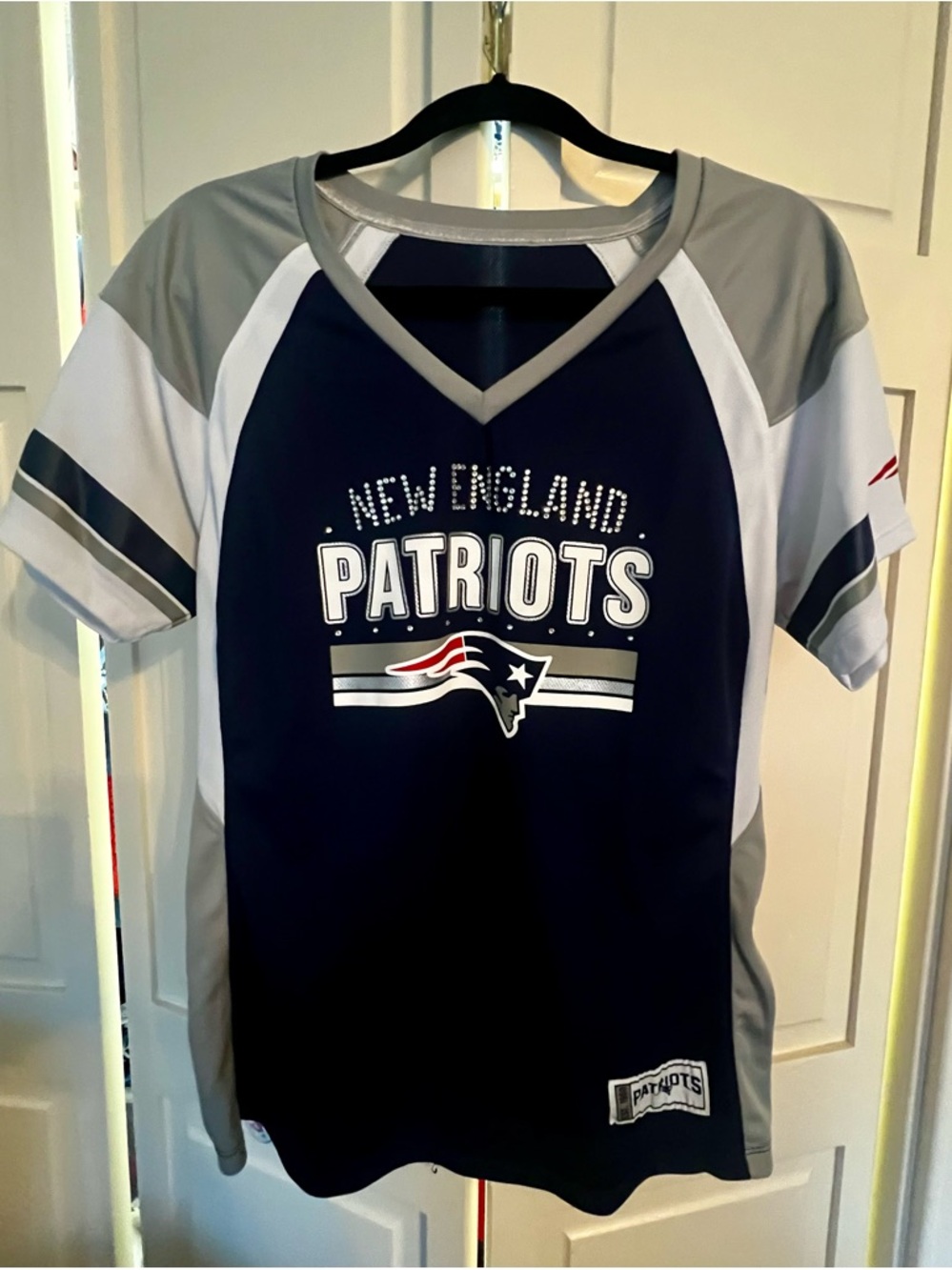 Womens New England Patriots Majestic Navy Bling Flying Elvis Football Jersey Tee
